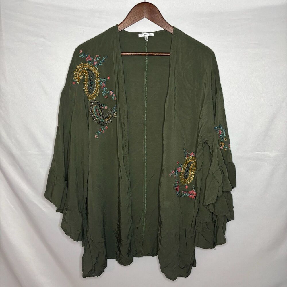 Jodifl 100% Rayon Olive Green Floral Embroidered Long Sleeve Kimono